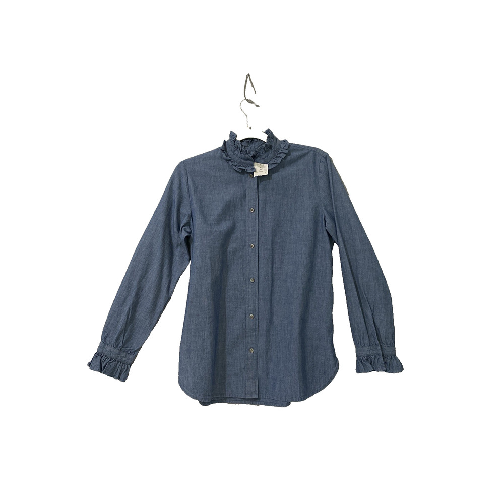 J Crew Shirt Women Sz 2 Blue Denim Button Blouse Ruffle Romantic Southwest Boho
